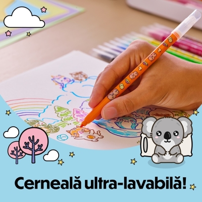 Markere de colorat BIC Vibbies, varf mediu, 12 culori asortate, modele cu animalute, 12 buc/set