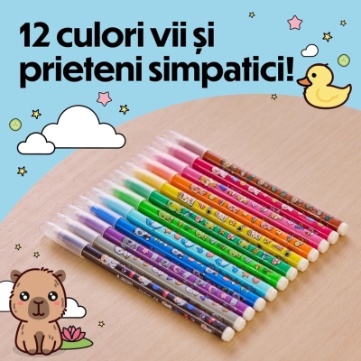 Markere de colorat BIC Vibbies, varf mediu, 12 culori asortate, modele cu animalute, 12 buc/set