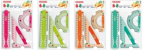 Miniset, cauciuc, rigla 15 cm, echer 60° 15 cm, raportor 180° 10 cm Flexi, diverse culori, Arda