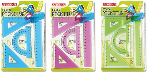 Miniset desen, plastic, 4 buc, rigla 15cm, echer 45-60° 12cm, raportor 180° 10cm, diverse culori, Arda