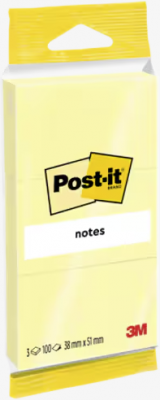 Notite adezive Post-it, galben, 38 x 51 mm, 100 file/carnet, 3 carnete/pachet