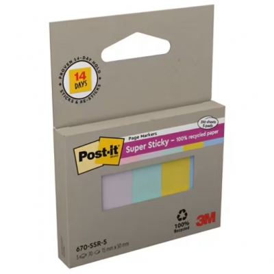 Notite adezive, Post-It Super Sticky, culori pastel asortate, 15 x 50 mm, 70 file/buc, 5 buc/set, 3M 