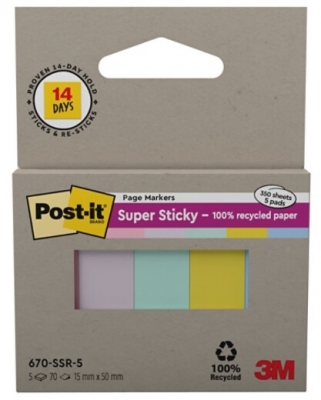 Notite adezive, Post-It Super Sticky, culori pastel asortate, 15 x 50 mm, 70 file/buc, 5 buc/set, 3M 