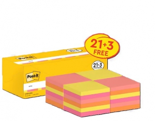 Notite adezive Post-it, culori neon asortate, 76 x 76 mm, 100 file/buc , 21 + 3 blocuri gratuite/set, ambalaj carton, 3M