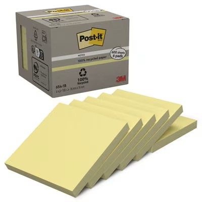 Notite adezive, Post-It, galben Canary, 76 x 76 mm, 100 file/buc, 6 buc/set, 3M