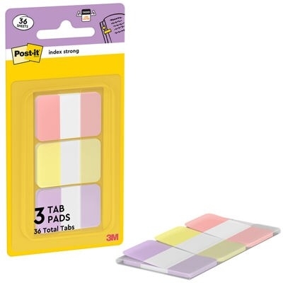 Indexuri adezive rezistente Post-It Strong Tabs 686-3SUN, roz pastel, galben și mov, 25.4 x 38.1 mm, 36 indexuri/dispenser, 3M