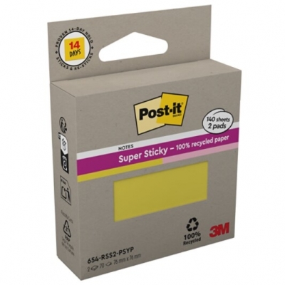 Notite adezive Post-it Super Sticky, Yellow si Pink, 76 x 76 mm, 70 file/bloc, 2 blocuri/set, 3M