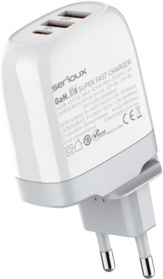 Incarcator retea Serioux 65W GAN QC, Intrare: AC100-240V~ 50/60Hz 1.5A, Ieșire (USB-C1): 5V-3A 9V-3A 12V-3A 15V-3A 20V=3.25A 65W(Max), Ieșire (USB-A1): 5V-3A 9V-2A 12V=1.5A 18W(Max), Ieșire (USB-A2): 5V-3A 9V-2A 12V 1.5A 18W(Max), A1+A2=18W(Max), C1+A1=45W+18W=63W(Max),  C1+A1+A2= 60W(Max), Total 