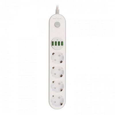 Prelungitor cu protectie Serioux, 4 prize schuko, input 100-240V, 50- 60Hz, output (Total): 2500W - 10A, 4 porturi USB, 4 porturi USB (5V- 3.1A) (Auto Max) 17W, Amperaj port USB (max) 3.4A, functie auto ID, antistatic, buton power/off, lungime cablu 2m, alb, SRXP-PS44W