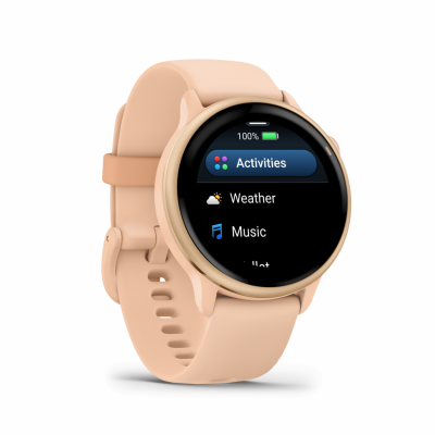 Ceas Garmin vívoactive 6 display AMOLED, dimensiune afisaj 30.4 mm, rezolutie afisaj  390 x 390 pixeli, memorie 8GB, autonomie până la 11 zile (5 zile cu afişajul permanent pornit) rezistanta la apa pana la 5 ATM, greutate: 23g, ramă Pink Dawn cu curea Bone, carcasă Pink Dawn Metallic şi curea din