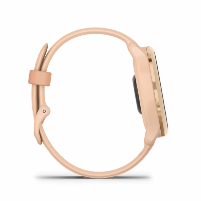 Ceas Garmin vívoactive 6 display AMOLED, dimensiune afisaj 30.4 mm, rezolutie afisaj  390 x 390 pixeli, memorie 8GB, autonomie până la 11 zile (5 zile cu afişajul permanent pornit) rezistanta la apa pana la 5 ATM, greutate: 23g, ramă Pink Dawn cu curea Bone, carcasă Pink Dawn Metallic şi curea din