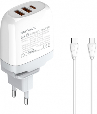 Incarcator retea Serioux 65W GAN QC, Intrare: AC100-240V~ 50/60Hz 1.5A, Ieșire (USB-C1): 5V-3A 9V-3A 12V-3A 15V-3A 20V=3.25A 65W(Max), Ieșire (USB-A1): 5V-3A 9V-2A 12V=1.5A 18W(Max), Ieșire (USB-A2): 5V-3A 9V-2A 12V 1.5A 18W(Max), A1+A2=18W(Max), C1+A1=45W+18W=63W(Max),  C1+A1+A2= 60W(Max), Total 