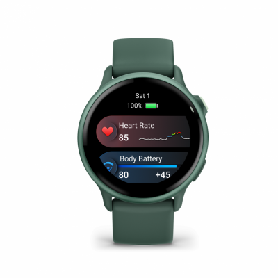Ceas Garmin vívoactive 6 display AMOLED, dimensiune afisaj 30.4 mm, rezolutie afisaj  390 x 390 pixeli, memorie 8GB, autonomie până la 11 zile (5 zile cu afişajul permanent pornit) rezistanta la apa pana la 5 ATM, greutate: 23g, ramă Jasper Green cu curea Bone, carcasă Green Metallic şi curea din