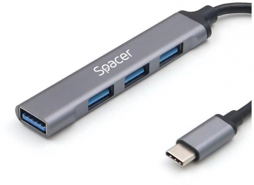 Hub extern SPACER, porturi USB:USB 3.0 X 1, USB 2.0 x 3, conectare prin TYPE-C, cablu 1m, aluminiu