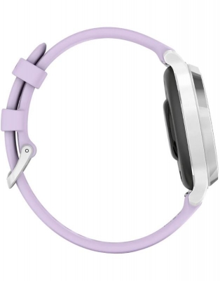 Ceas Garmin Lily 2 Active, display AMOLED, dimensiune afisaj 25,4 mm x 21,3 mm, rezolutie afisaj 240 x 201 pixeli, memorie 8GB, autonomie pana la 9 zile, rezistanta la apa pana la 5 ATM, greutate: 24,4g, ramă Argintiu, şi curea Purple Jasmine din silicon