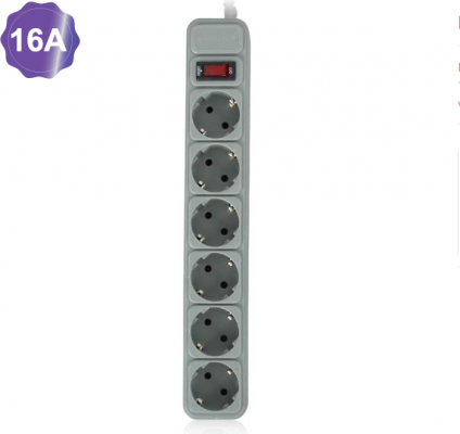 Prelungitor GEMBIRD, Schuko x 6, conectare prin Schuko (T), cablu 3 m, 16 A, protectie supratensiune, protectie copii, gri