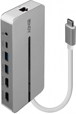 Lindy DST-Mx Duo Mini Docking Station USB Type-C, Dual display (4k), 100W Pass-through charging, rezolutie single display 4k@60, rezolutie dual display 4k@60 + 4k@30, 2x USB Type A, 1x USB-C (PD & Data), 2x HDMI, 1x RJ45, 2x Card reader (microSD & SD), 1x 3.5mm audio jack