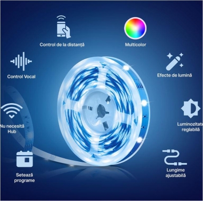 TP-Link Tapo L900-10 Smart light strip kit, 16 milioane culori, 2 x 5m, dimensiuni: 5000 × 10 × 1.6 mm fiecare, Wi-Fi Protocol: IEEE 802.11b/g/n, Frecventa: 2.4 GHz, intensitate reglabila.