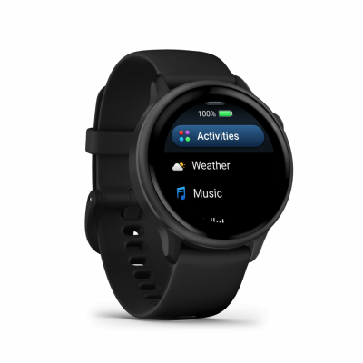 Ceas Garmin vívoactive 6 display AMOLED, dimensiune afisaj 30.4 mm, rezolutie afisaj  390 x 390 pixeli, memorie 8GB, autonomie până la 11 zile (5 zile cu afişajul permanent pornit) rezistanta la apa pana la 5 ATM, greutate: 23g, ramă Black cu curea Bone, carcasă Slate şi curea din silicon
