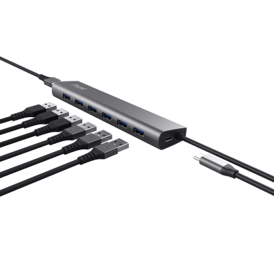 Hub Trust Halyx , 7 porturi USB 3.2 Gen 1, material aluminiu, input USB- C, output USB-A 7, gri