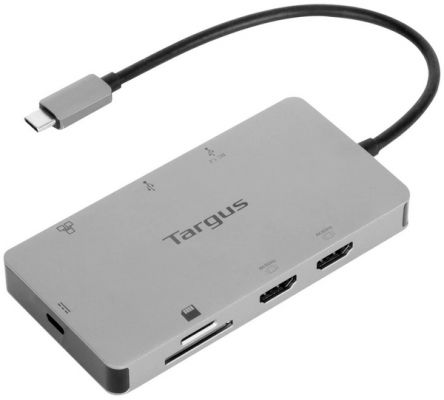 Targus Dock USB-C Dual HDMI 4K, 100W PowerDelivery Pass-Thru, 2x USB-A, 1x port fast charge, 1x SD/microSD, ethernet, gri
