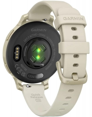 Ceas Garmin Lily 2 Active, display AMOLED, dimensiune afisaj 25,4 mm x 21,3 mm, rezolutie afisaj 240 x 201 pixeli, memorie 8GB, autonomie pana la 9 zile, rezistanta la apa pana la 5 ATM, greutate: 24,4g, ramă MLunar Glod şi curea Bone din silicon