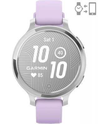 Ceas Garmin Lily 2 Active, display AMOLED, dimensiune afisaj 25,4 mm x 21,3 mm, rezolutie afisaj 240 x 201 pixeli, memorie 8GB, autonomie pana la 9 zile, rezistanta la apa pana la 5 ATM, greutate: 24,4g, ramă Argintiu, şi curea Purple Jasmine din silicon