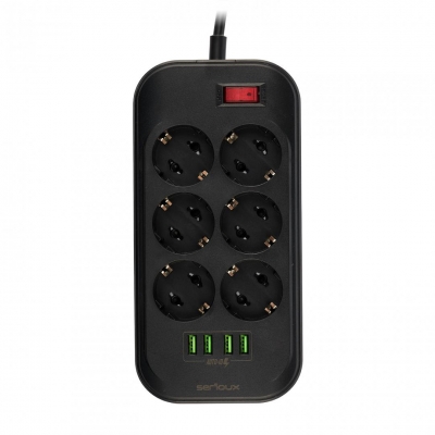Prelungitor cu protectie Serioux, 6 prize schuko, input 100-240V, 50- 60Hz, output (Total): 2500W - 10A, 4 porturi USB, 4 porturi USB (5V- 3.1A) (Auto Max) 17W, Amperaj port USB (max) 3.4A, functie auto ID, antistatic, buton power/off, lungime cablu 2m,negru, SRXP-PS66B