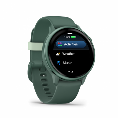 Ceas Garmin vívoactive 6 display AMOLED, dimensiune afisaj 30.4 mm, rezolutie afisaj  390 x 390 pixeli, memorie 8GB, autonomie până la 11 zile (5 zile cu afişajul permanent pornit) rezistanta la apa pana la 5 ATM, greutate: 23g, ramă Jasper Green cu curea Bone, carcasă Green Metallic şi curea din