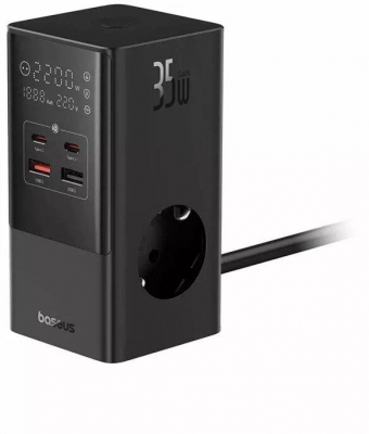Incarcator retea Baseus PowerCombo Tower Digital Powerstrip, Quick charge 35W, 4 porturi iesire, lungime cablu 1.5m, negru
