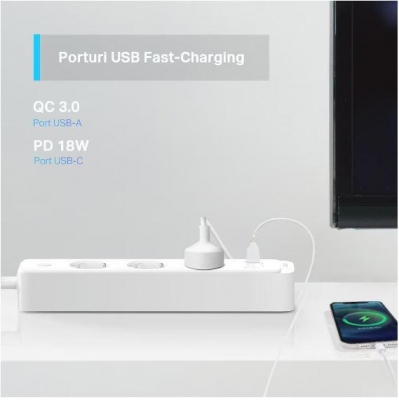 TP-Link  SMART WI-FI SOCKET TAPO P300, Protocol: IEEE 802.11b/g/n, Bluetooth 4.2, 2.4 GHz, Cerințe de sistem, Android 5 sau mai recent, iOS 10 sau mai recent, Dimensiuni: 268*55*40mm, cablu de 1.5m, voltaj maxim: 2300W, 10A, 3 prize, 2 x USB.