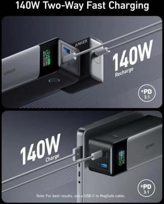 Baterie externa Anker 24000mAh, 140W , 1 x USB, 2 x USB Type-C, LED pt. status baterie, 5V/3A, negru