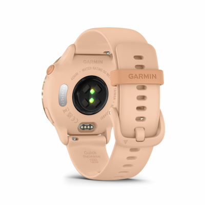 Ceas Garmin vívoactive 6 display AMOLED, dimensiune afisaj 30.4 mm, rezolutie afisaj  390 x 390 pixeli, memorie 8GB, autonomie până la 11 zile (5 zile cu afişajul permanent pornit) rezistanta la apa pana la 5 ATM, greutate: 23g, ramă Pink Dawn cu curea Bone, carcasă Pink Dawn Metallic şi curea din