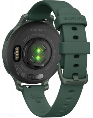 Ceas Garmin Lily 2 Active, display AMOLED, dimensiune afisaj 25,4 mm x 21,3 mm,rezolutie afisaj 240 x 201 pixeli, memorie 8GB, autonomie pana la 9 zile, rezistanta la apa pana la 5 ATM, greutate: 24,4g, ramă Jasper Green şi curea Jasper Green din silicon