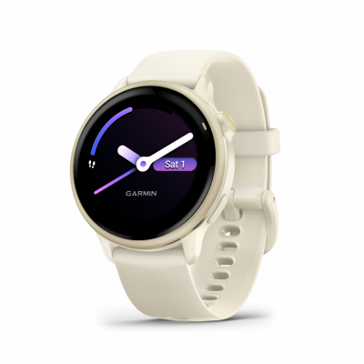 Ceas Garmin vívoactive 6 display AMOLED, dimensiune afisaj 30.4 mm, rezolutie afisaj  390 x 390 pixeli, memorie 8GB, autonomie până la 11 zile (5 zile cu afişajul permanent pornit), rezistanta la apa pana la 5 ATM, greutate: 23g, ramă Lunar Gold cu curea Bone, carcasă Light Sand şi curea din silicon