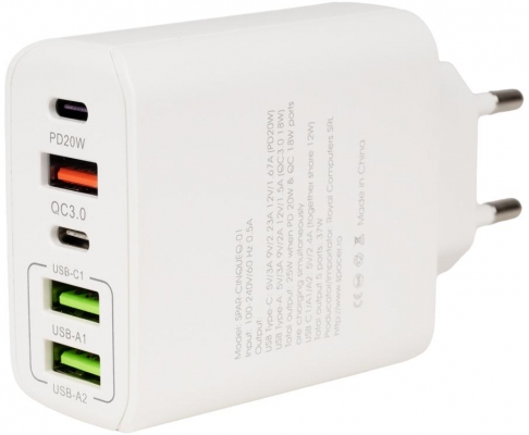 Incarcator retea Spacer QC 38W, 5 x porturi: USB Type-C PD x 1m USB Type-C x 1, USB Quick Charge x 1, USB x 2, alb
