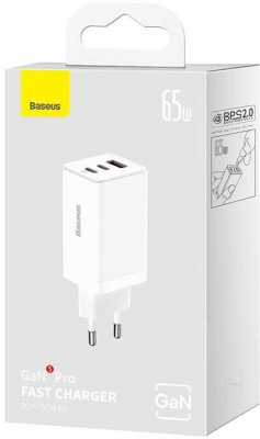 Incarcator retea Baseus GaN5 PRO, Quick Charge 65W, 2 porturi USB PD, 1 port USB Quick Charge, include cablu USB -C la USB-C de 100W, lungime 1m, alb