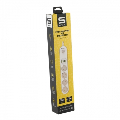 Prelungitor cu protectie Serioux, 4 prize schuko, input 100-240V, 50- 60Hz, output (Total): 2500W - 10A, 4 porturi USB, 4 porturi USB (5V- 3.1A) (Auto Max) 17W, Amperaj port USB (max) 3.4A, functie auto ID, antistatic, buton power/off, lungime cablu 2m, alb, SRXP-PS44W