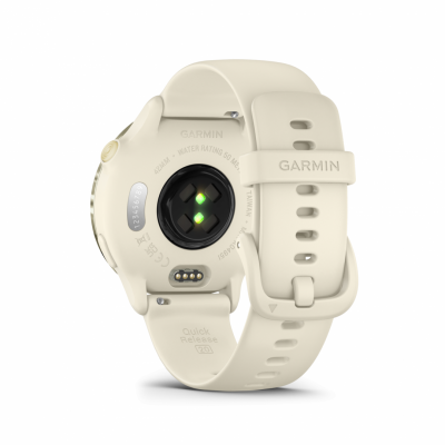 Ceas Garmin vívoactive 6 display AMOLED, dimensiune afisaj 30.4 mm, rezolutie afisaj  390 x 390 pixeli, memorie 8GB, autonomie până la 11 zile (5 zile cu afişajul permanent pornit), rezistanta la apa pana la 5 ATM, greutate: 23g, ramă Lunar Gold cu curea Bone, carcasă Light Sand şi curea din silicon