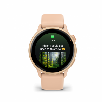Ceas Garmin vívoactive 6 display AMOLED, dimensiune afisaj 30.4 mm, rezolutie afisaj  390 x 390 pixeli, memorie 8GB, autonomie până la 11 zile (5 zile cu afişajul permanent pornit) rezistanta la apa pana la 5 ATM, greutate: 23g, ramă Pink Dawn cu curea Bone, carcasă Pink Dawn Metallic şi curea din