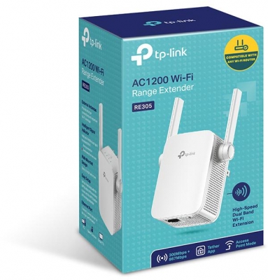 TP-link AC1200 Wi-Fi Range Extender, RE305, 2* external antenna, IEEE802.11ac, IEEE 802.11n, IEEE 802.11g, IEEE 802.11a, IEEE 802.11b, 1 * 10/100M Ethernet Port (RJ45), WPS Button, Reset Button, 2.4GHz & 5GHz (11ac)