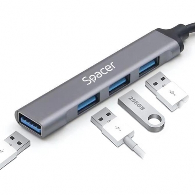Hub extern SPACER, porturi USB:USB 3.0 X 1, USB 2.0 x 3, conectare prin TYPE-C, cablu 1m, aluminiu