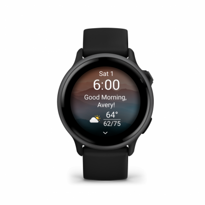 Ceas Garmin vívoactive 6 display AMOLED, dimensiune afisaj 30.4 mm, rezolutie afisaj  390 x 390 pixeli, memorie 8GB, autonomie până la 11 zile (5 zile cu afişajul permanent pornit) rezistanta la apa pana la 5 ATM, greutate: 23g, ramă Black cu curea Bone, carcasă Slate şi curea din silicon