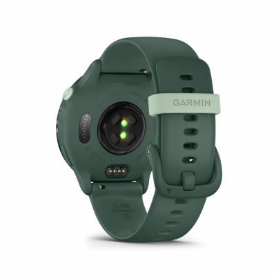 Ceas Garmin vívoactive 6 display AMOLED, dimensiune afisaj 30.4 mm, rezolutie afisaj  390 x 390 pixeli, memorie 8GB, autonomie până la 11 zile (5 zile cu afişajul permanent pornit) rezistanta la apa pana la 5 ATM, greutate: 23g, ramă Jasper Green cu curea Bone, carcasă Green Metallic şi curea din