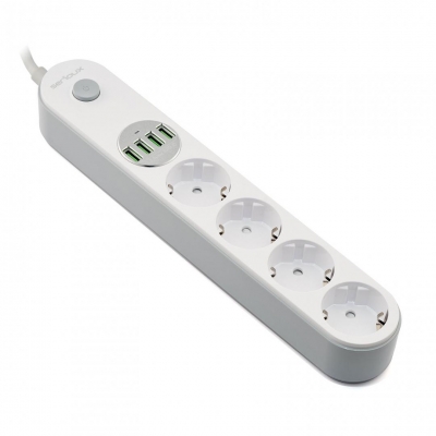 Prelungitor cu protectie Serioux, 4 prize schuko, input 100-240V, 50- 60Hz, output (Total): 2500W - 10A, 4 porturi USB, 4 porturi USB (5V- 3.1A) (Auto Max) 17W, Amperaj port USB (max) 3.4A, functie auto ID, antistatic, buton power/off, lungime cablu 2m, alb, SRXP-PS44W