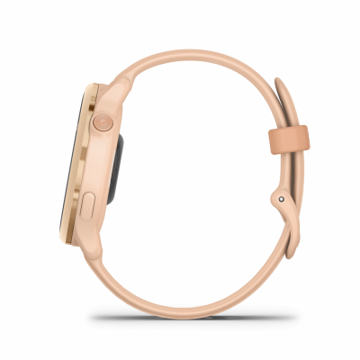 Ceas Garmin vívoactive 6 display AMOLED, dimensiune afisaj 30.4 mm, rezolutie afisaj  390 x 390 pixeli, memorie 8GB, autonomie până la 11 zile (5 zile cu afişajul permanent pornit) rezistanta la apa pana la 5 ATM, greutate: 23g, ramă Pink Dawn cu curea Bone, carcasă Pink Dawn Metallic şi curea din
