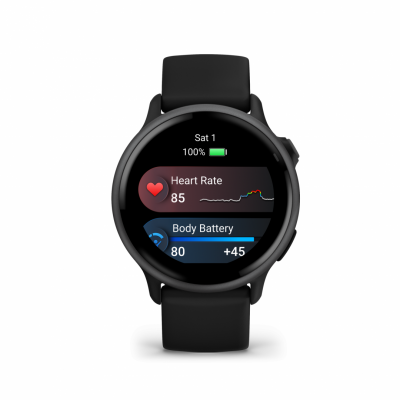 Ceas Garmin vívoactive 6 display AMOLED, dimensiune afisaj 30.4 mm, rezolutie afisaj  390 x 390 pixeli, memorie 8GB, autonomie până la 11 zile (5 zile cu afişajul permanent pornit) rezistanta la apa pana la 5 ATM, greutate: 23g, ramă Black cu curea Bone, carcasă Slate şi curea din silicon