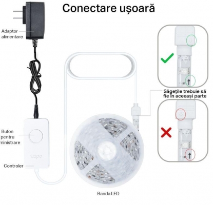TP-Link Tapo L900-10 Smart light strip kit, 16 milioane culori, 2 x 5m, dimensiuni: 5000 × 10 × 1.6 mm fiecare, Wi-Fi Protocol: IEEE 802.11b/g/n, Frecventa: 2.4 GHz, intensitate reglabila.