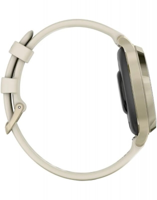 Ceas Garmin Lily 2 Active, display AMOLED, dimensiune afisaj 25,4 mm x 21,3 mm, rezolutie afisaj 240 x 201 pixeli, memorie 8GB, autonomie pana la 9 zile, rezistanta la apa pana la 5 ATM, greutate: 24,4g, ramă MLunar Glod şi curea Bone din silicon