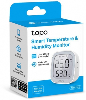 TP-LINK TAPO T315, Monitor smart de temperature si umiditate (necesită Hub Tapo), Wireless: 868 / 922 MHz, Acuratete temperature: ±0.3°C, Acuratete umiditate: ±3%RH, Dimensiuni: 62 × 62 × 24.5 mm, Alimentare: 2 × AAA/LR03 battery